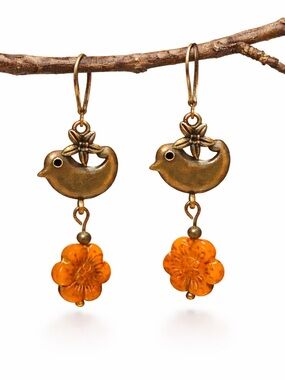 Handmade Antique Bronze Bird & Amber Flower Dangle Earrings – Boho Artisan